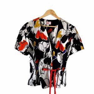 R&K Large Floral Waist Tie Blouse Top Womens Size 16 Art to Wear Colorful